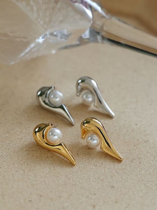 Five Color Brass Imitation Pearl Heart Vintage Stud Earring 2