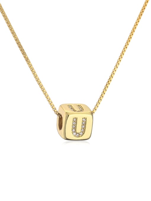 22288 U Brass Cubic Zirconia Square Vintage Letter Pendant Necklace