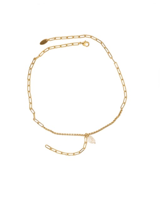 golden Brass Freshwater Pearl Geometric Minimalist Lariat Necklace