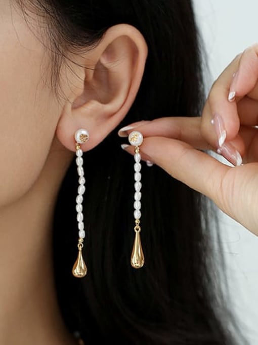 ACCA Brass Imitation Pearl Water Drop Minimalist  Long Drop Earring 1