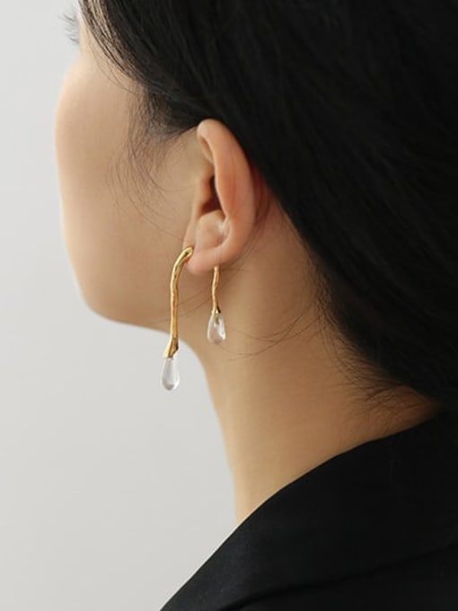 ACCA Brass Glass Stone Water Drop Minimalist Hook Earring 1