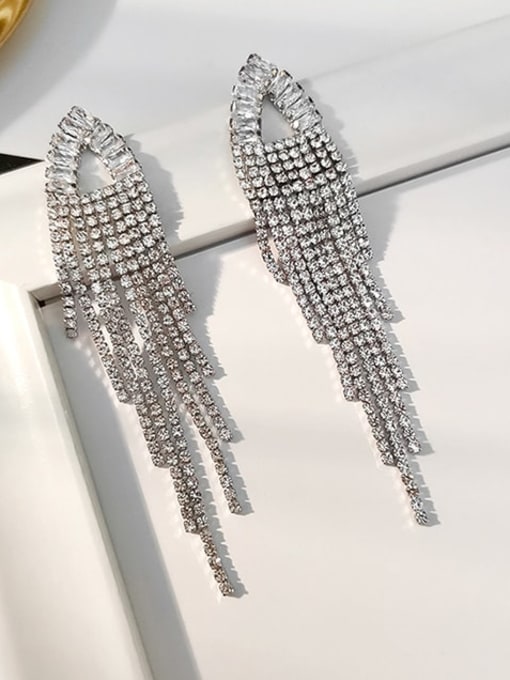 White K Copper Cubic Zirconia Tassel Luxury Threader Trend Korean Fashion Earring