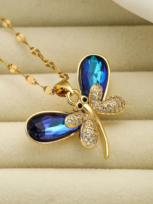 23277 Brass Glass Stone Dragonfly Minimalist Necklace