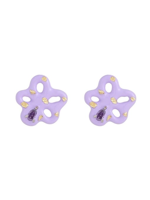 Purple flowers Brass Enamel Flower Cute Stud Earring