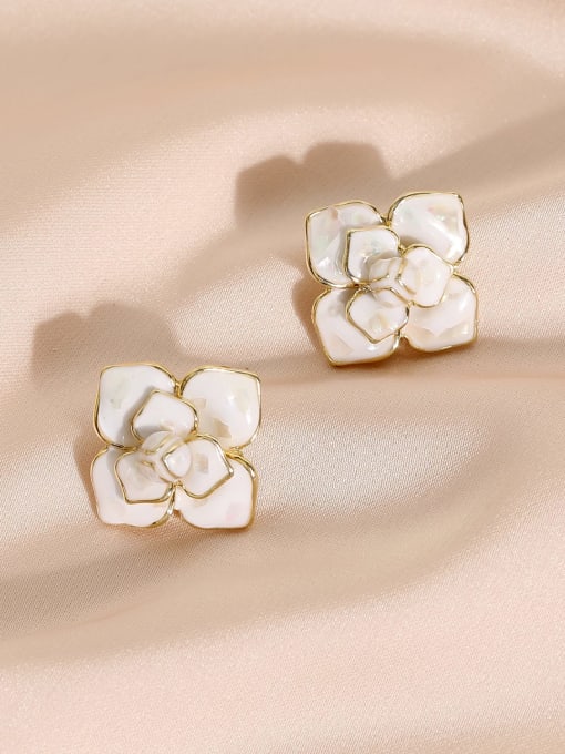 14k Gold+ White Brass Enamel Flower Minimalist Stud Earring