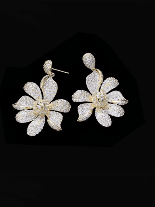 golden Brass Cubic Zirconia Multi Color Flower Luxury Cluster Earring