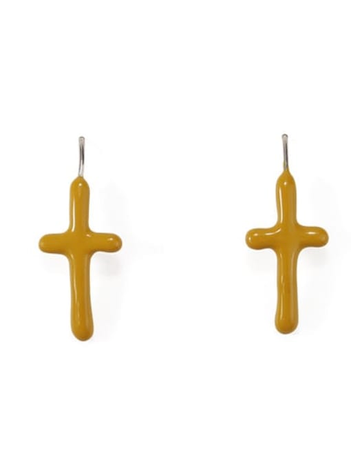 Yellow ear hook Brass Enamel Cross Vintage Hook Earring