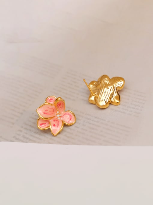 18K Golden Pearl Powder Brass Enamel Flower Minimalist Stud Earring