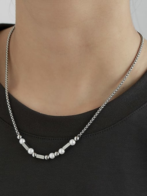 TINGS Titanium Steel Imitation Pearl Tassel Minimalist Lariat Necklace 1
