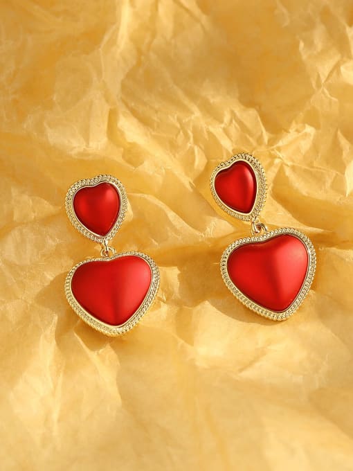 14k Gold matte red Brass Enamel Heart Ethnic Drop Trend Korean Fashion Earring