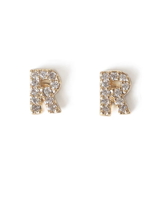 R Brass Cubic Zirconia Letter Minimalist Stud Earring