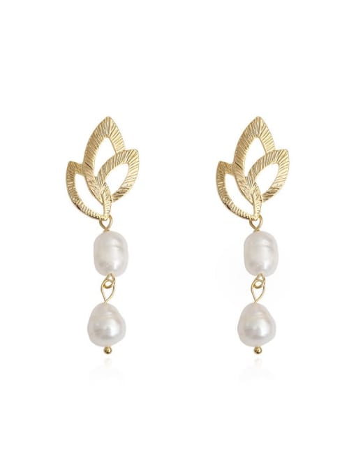 HYACINTH Brass Imitation Pearl Leaf Dainty Drop Trend Korean Fashion Earring 0