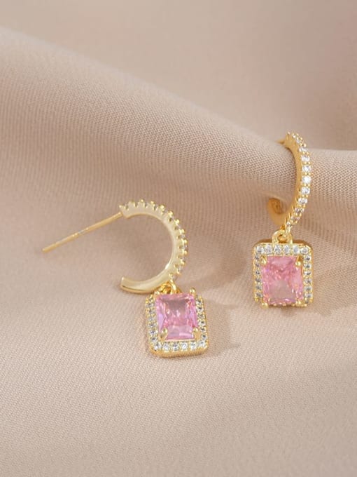 YOUH Brass Cubic Zirconia Pink Geometric Dainty Drop Earring 1