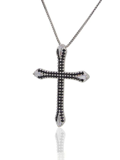 Silver Black Brass Cubic Zirconia Cross Pendant Necklace