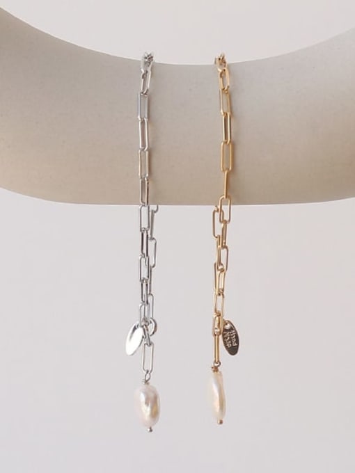 Five Color Brass Freshwater Pearl Geometric Chain Minimalist Link Bracelet