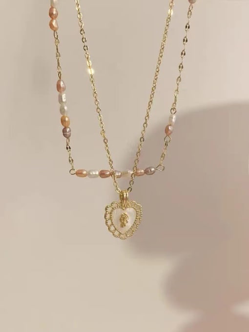 ZRUI Brass Freshwater Pearl Heart Dainty Multi Strand Necklace