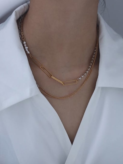 Five Color Brass Imitation Pearl Geometric Chain Minimalist Necklace 1