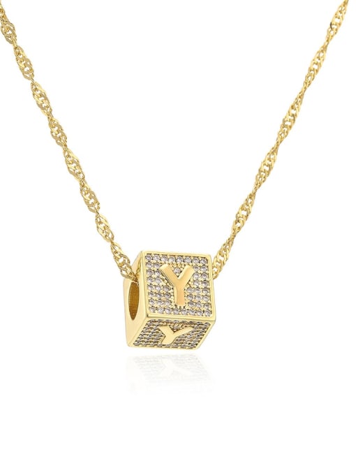 22375 Y Brass Cubic Zirconia Square Hip Hop Letter Pendant Necklace