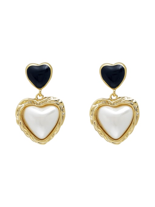 Light Gold +Black Brass Imitation Pearl Heart Minimalist Drop Earring
