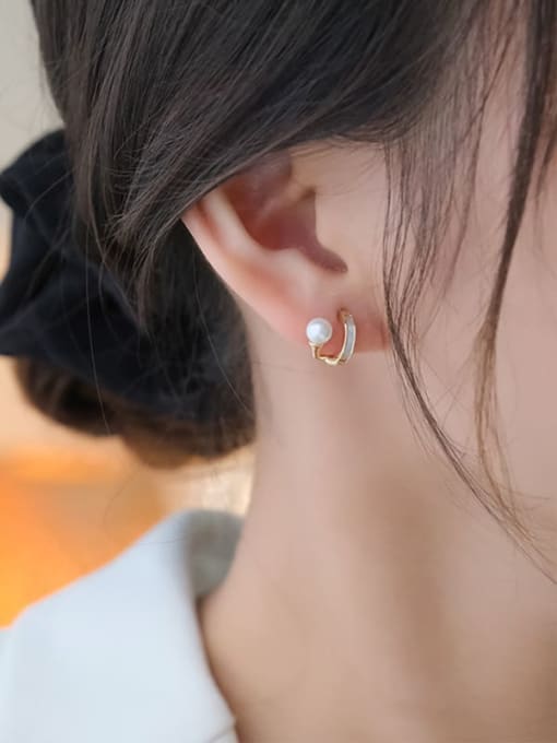 Gold E1057 Brass Imitation Pearl Enamel Geometric Dainty Stud Earring