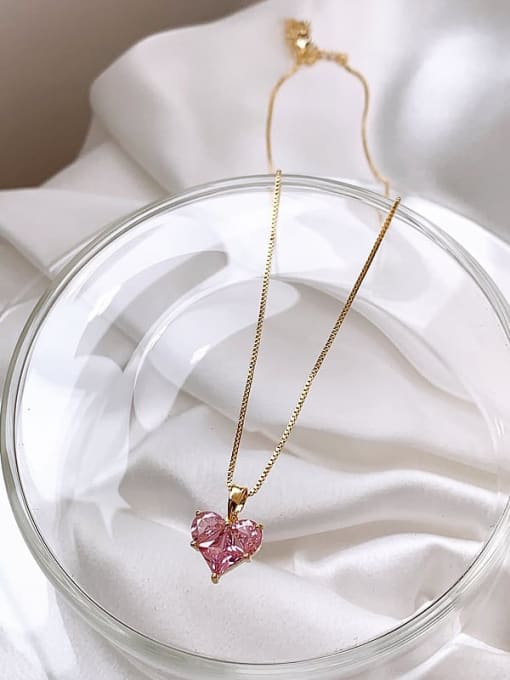 Gold XL62,651 Brass Cubic Zirconia Pink Heart Dainty Necklace