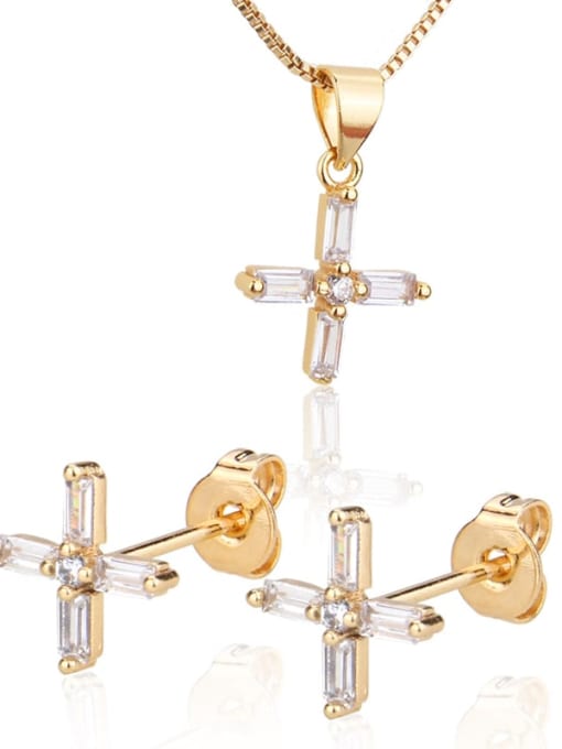 renchi Brass Cubic Zirconia  Cute Cross Earring and Necklace Set 0