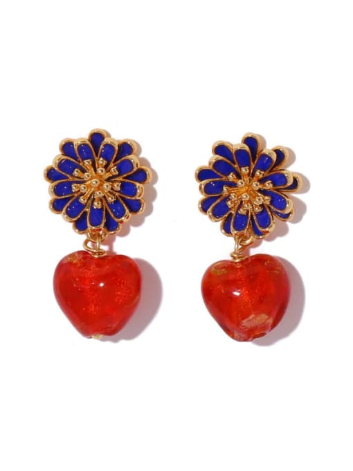 Five Color Brass Lampwork Stone Heart Vintage Drop Earring