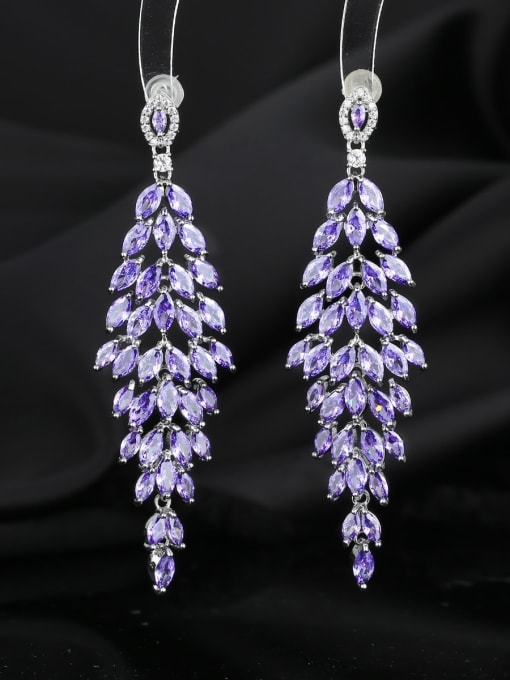 purple Brass Cubic Zirconia Leaf Luxury Cluster Earring