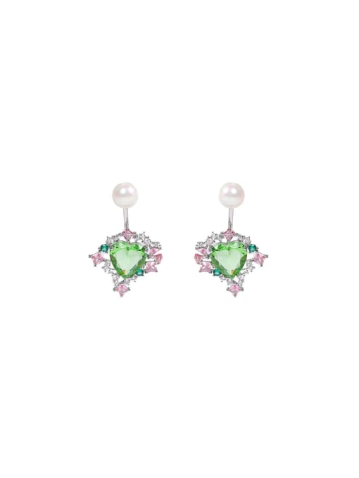 green Brass Cubic Zirconia Heart Dainty Stud Earring