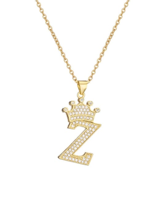 Z Brass Cubic Zirconia Crown Vintage Letter Pendant Necklace