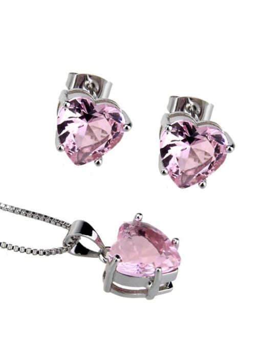 Platinum Plated Pink Brass Heart  Cubic Zirconia Earring and Necklace Set