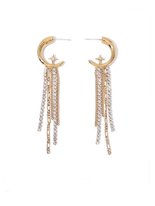 golden Brass Cubic Zirconia Moon Tassel Vintage Threader Earring