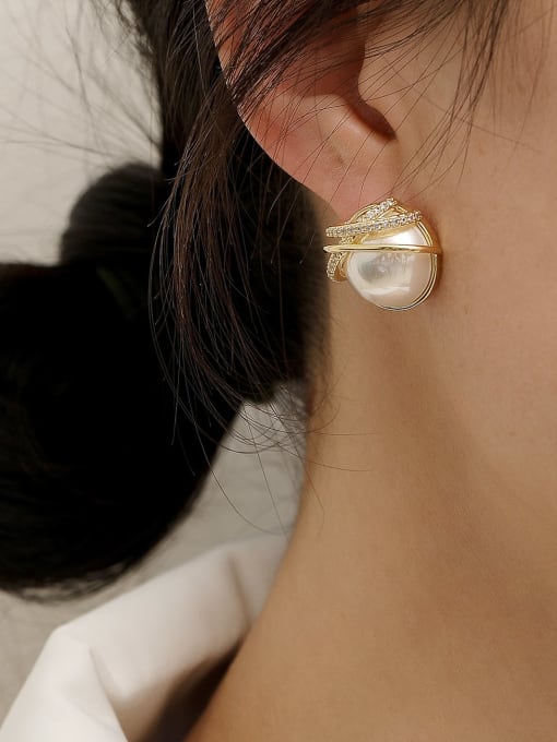 HYACINTH Brass Imitation Pearl Geometric Ethnic Stud Trend Korean Fashion Earring 1