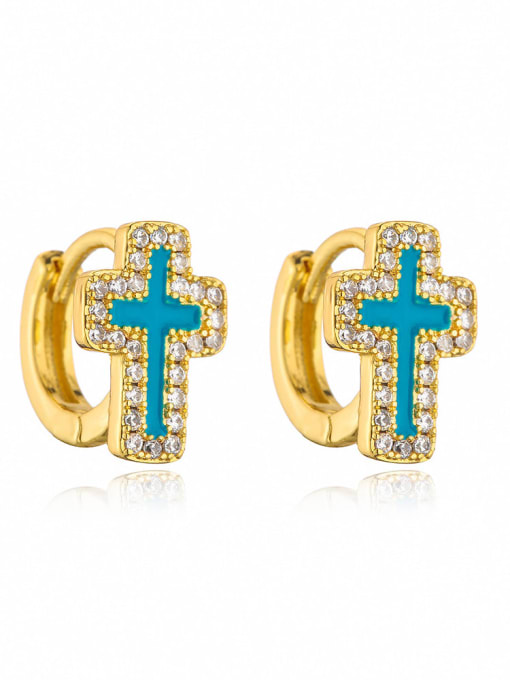 41675 Brass Cubic Zirconia Enamel Cross Dainty Huggie Earring