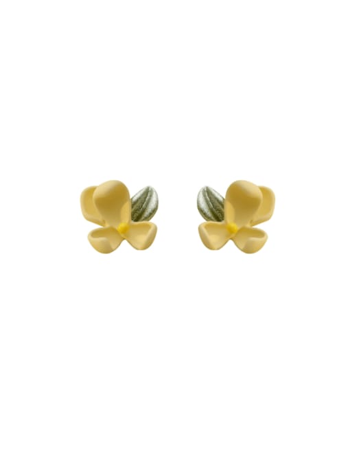 Yellow Pearl Green Brass Enamel Flower Minimalist Stud Earring