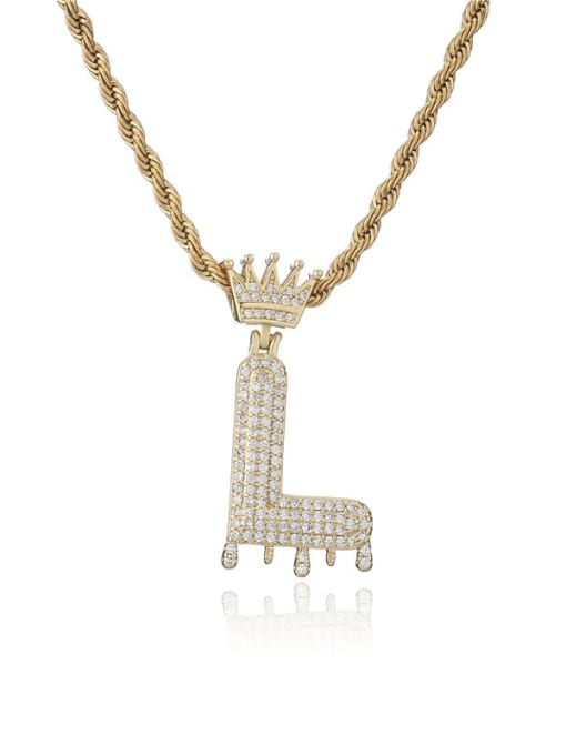 L Brass Cubic Zirconia Crown Hip Hop Letter Pendant Necklace