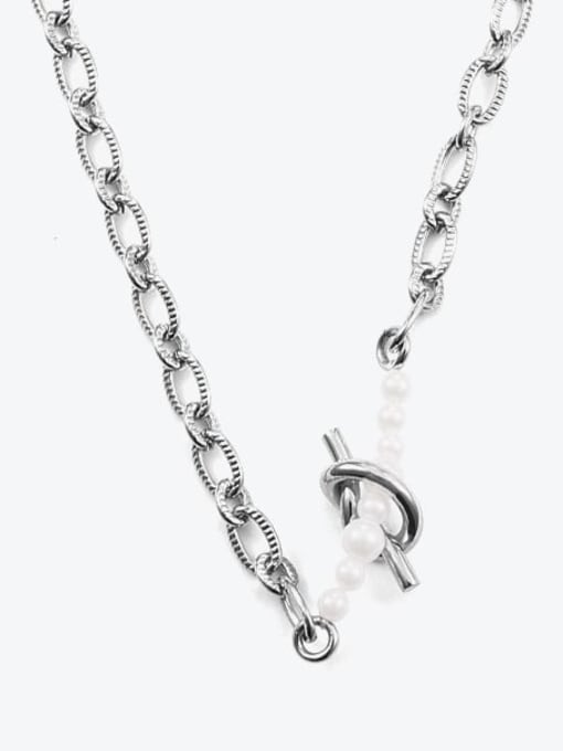 TINGS Titanium Steel Imitation Pearl Geometric Vintage Hollow Chain Necklace 2