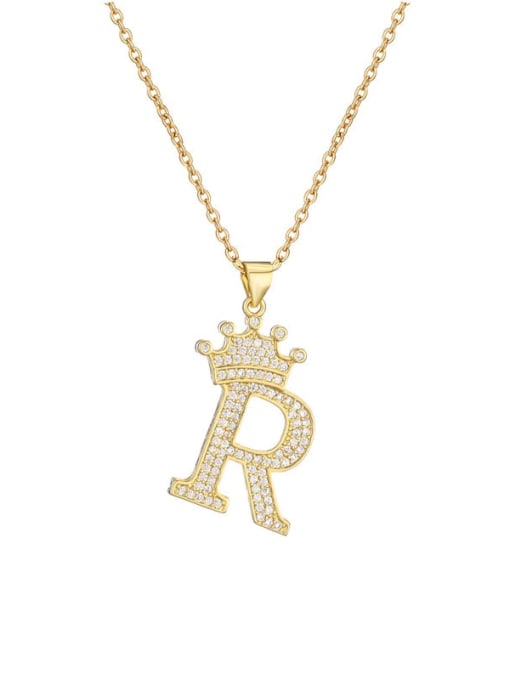 R Brass Cubic Zirconia Crown Vintage Letter Pendant Necklace