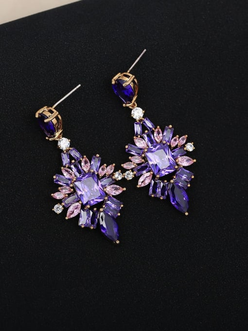 purple Brass Cubic Zirconia Flower Luxury Drop Earring