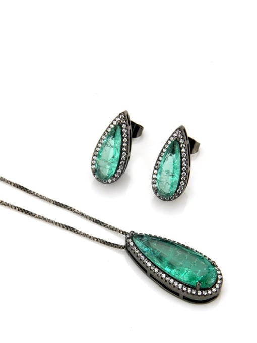 Black green zircon plating Brass Luxury Water Drop Cubic Zirconia Earring and Necklace Set