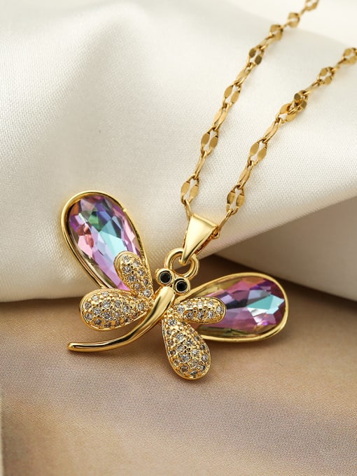 23278 Brass Glass Stone Dragonfly Minimalist Necklace