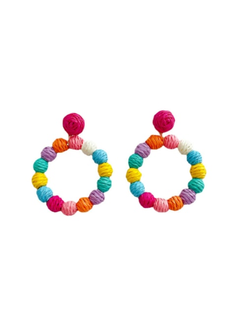 B313 colorful Lafite woven ball earrings Zinc Alloy Multi Color Wood Geometric Hip Hop Pure handmade Weave Earring