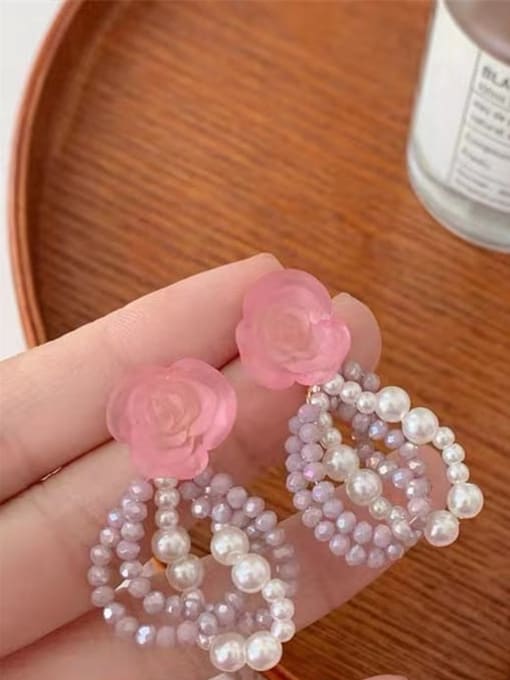 Pink Flower Pearl Crystal Earrings Crystal Flower Artisan Drop Earring
