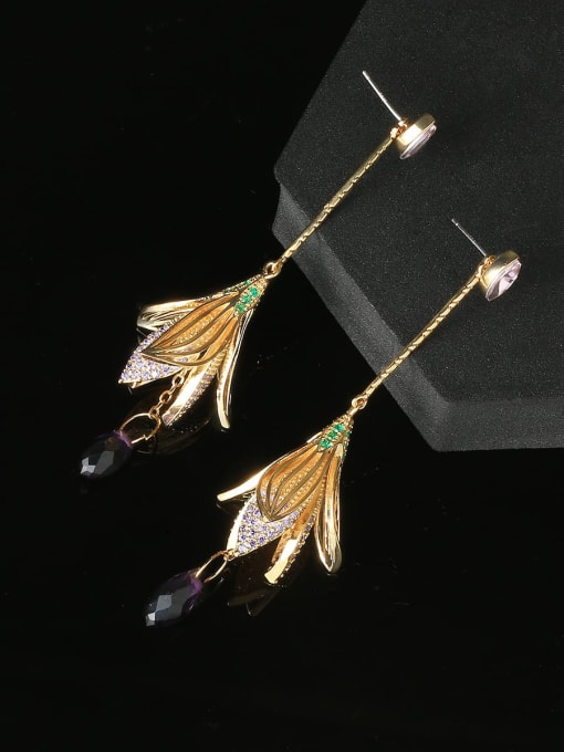 OUOU Brass Cubic Zirconia Flower Tassel Luxury Cluster Earring 2