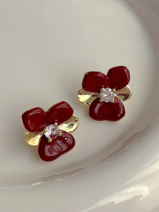 Wine Red Flower Earrings Brass Enamel Butterfly Hip Hop Stud Earring