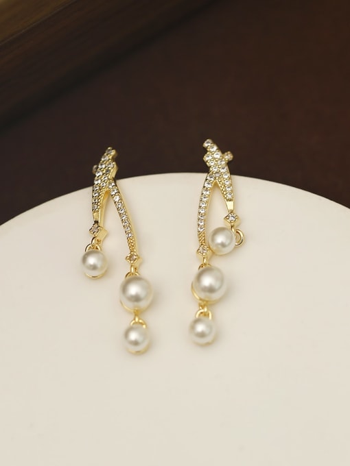 HYACINTH Brass Imitation Pearl Cross Vintage Drop Earring 1