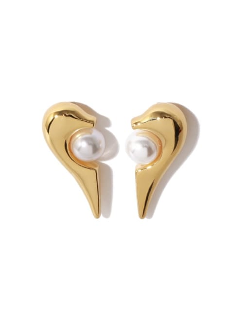 golden Brass Imitation Pearl Heart Vintage Stud Earring