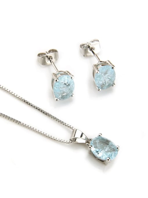 Platinum plated Blue Zircon Brass Round Cubic Zirconia Earring and Necklace Set
