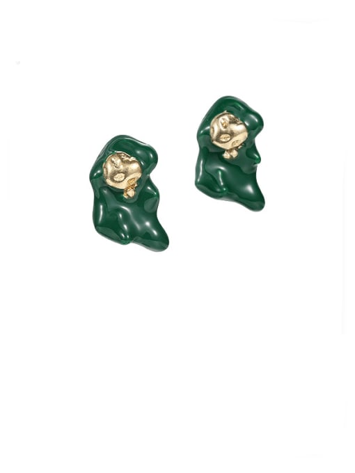 Green oil Earrings Brass Enamel Irregular Vintage Stud Earring