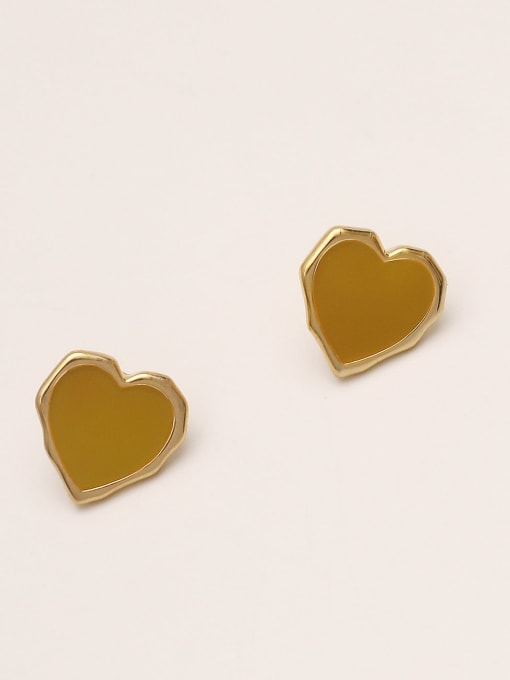 14K golden coffee Brass Enamel Heart Minimalist Stud Trend Korean Fashion Earring
